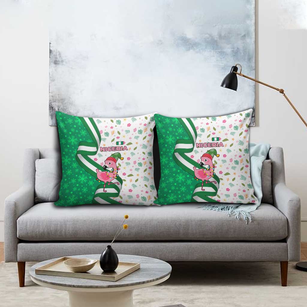 Nigeria Christmas Pillow Cover with Pink Flamingo Tropical Leaves and Festive Lights Design - Wonder Print Shop