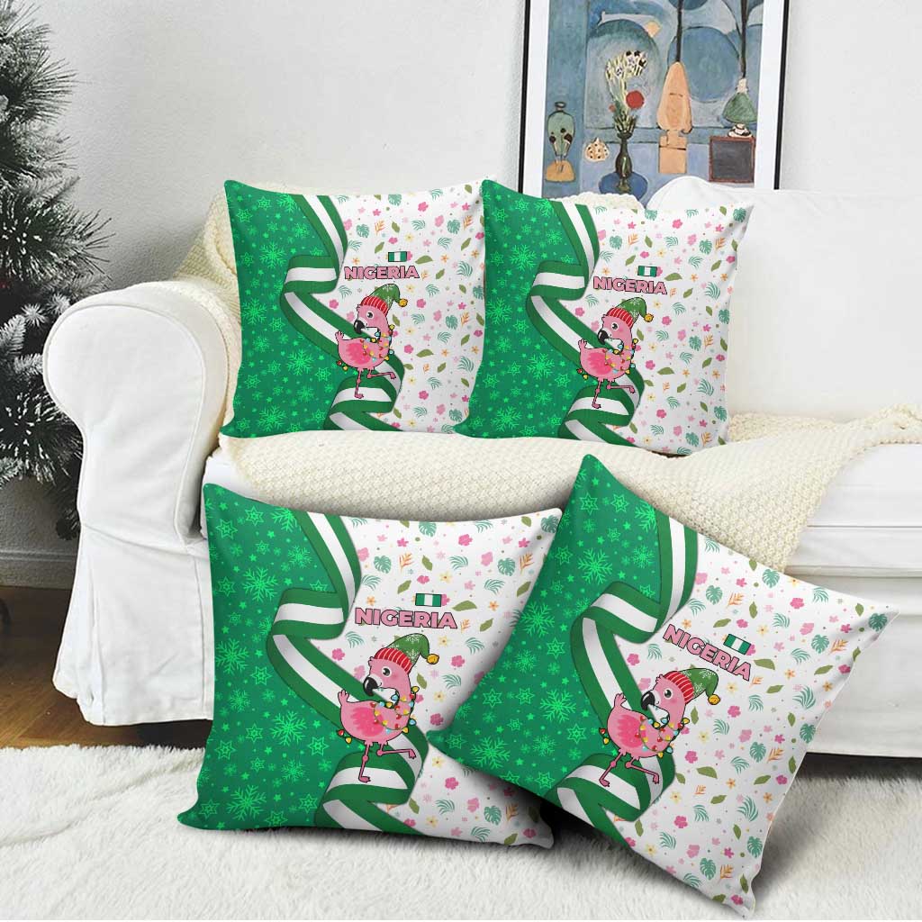 Nigeria Christmas Pillow Cover with Pink Flamingo Tropical Leaves and Festive Lights Design - Wonder Print Shop