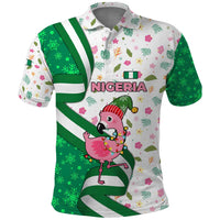 Nigeria Christmas Polo Shirt with Pink Flamingo Tropical Leaves and Festive Lights Design - Wonder Print Shop