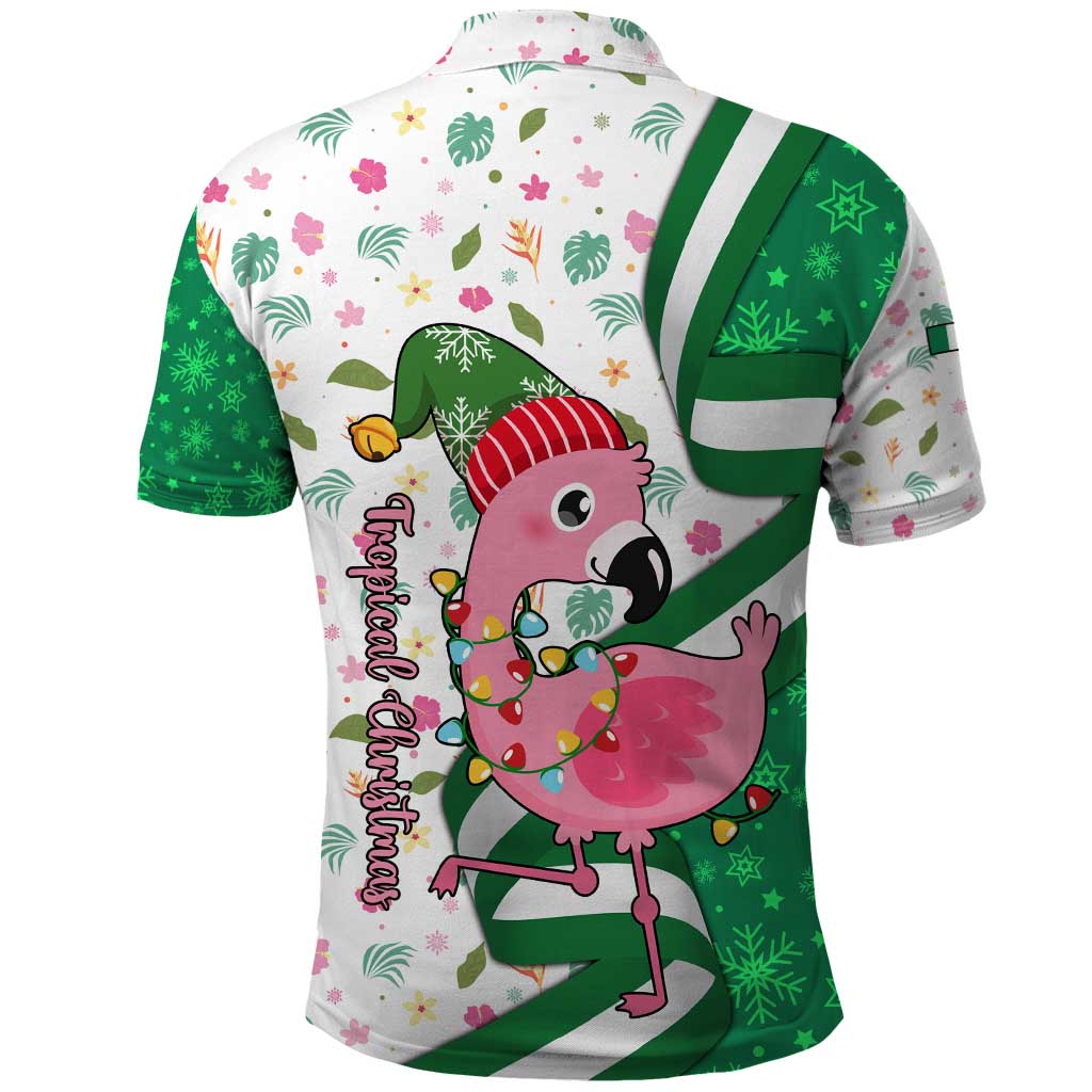 Nigeria Christmas Polo Shirt with Pink Flamingo Tropical Leaves and Festive Lights Design - Wonder Print Shop
