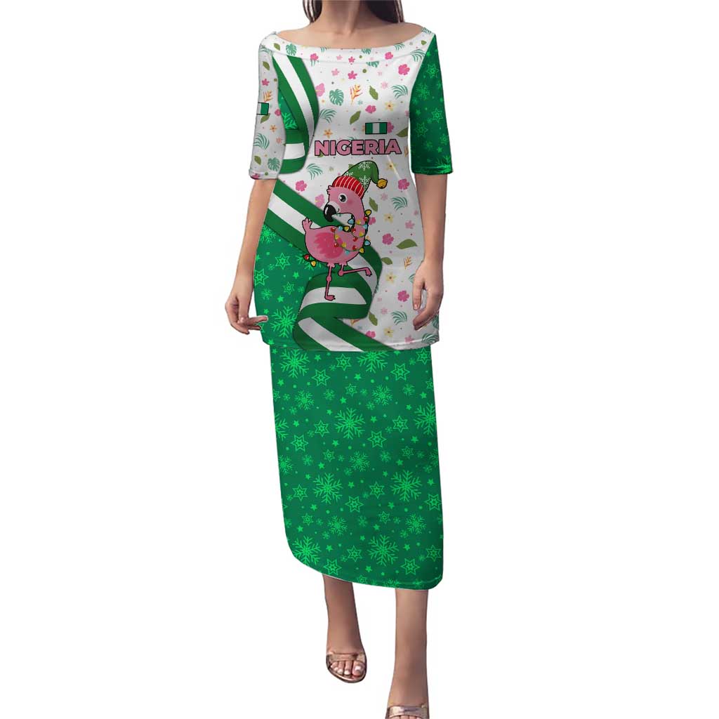Nigeria Christmas Puletasi with Pink Flamingo Tropical Leaves and Festive Lights Design - Wonder Print Shop