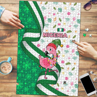Nigeria Christmas Puzzle with Pink Flamingo Tropical Leaves and Festive Lights Design - Wonder Print Shop