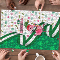 Nigeria Christmas Puzzle with Pink Flamingo Tropical Leaves and Festive Lights Design - Wonder Print Shop