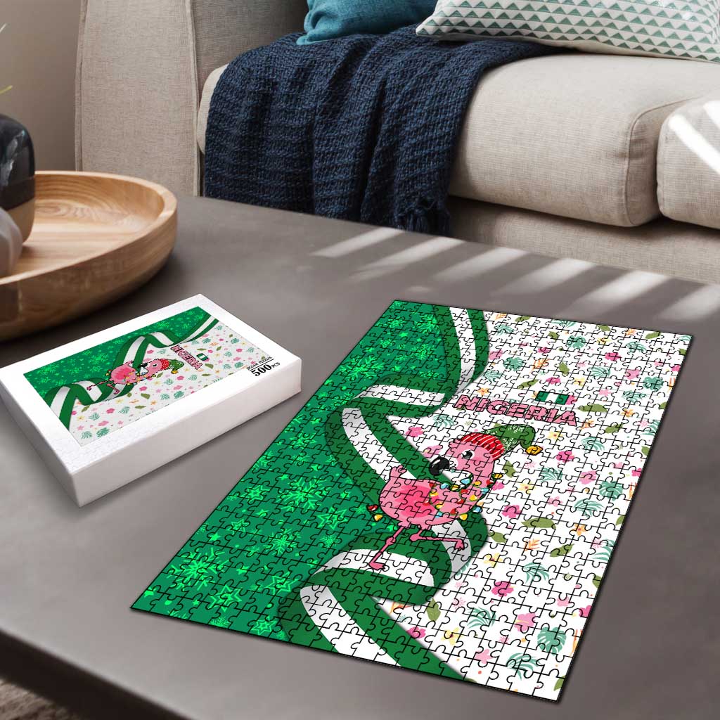 Nigeria Christmas Puzzle with Pink Flamingo Tropical Leaves and Festive Lights Design - Wonder Print Shop