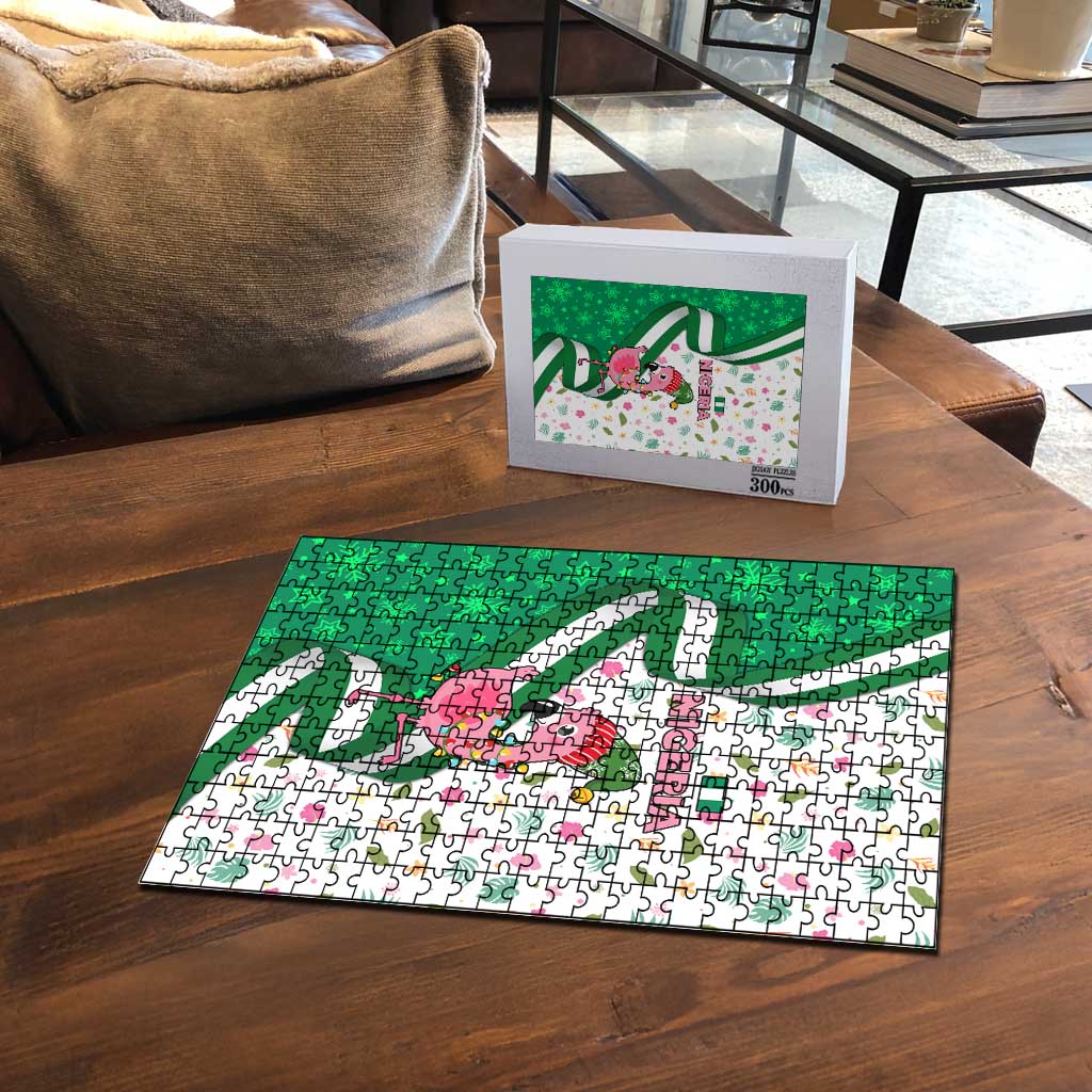 Nigeria Christmas Puzzle with Pink Flamingo Tropical Leaves and Festive Lights Design - Wonder Print Shop