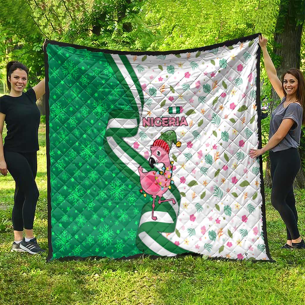 Nigeria Christmas Quilt with Pink Flamingo Tropical Leaves and Festive Lights Design - Wonder Print Shop
