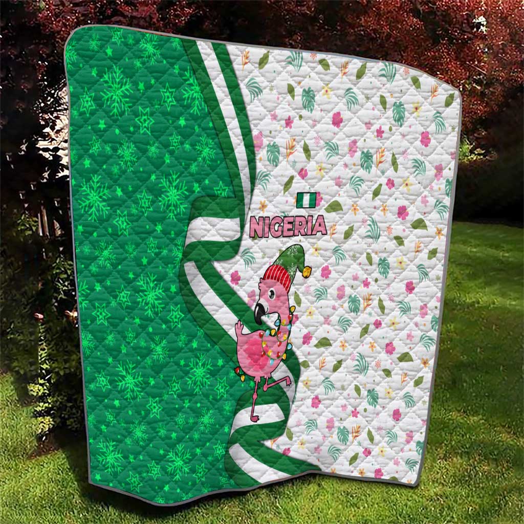 Nigeria Christmas Quilt with Pink Flamingo Tropical Leaves and Festive Lights Design - Wonder Print Shop