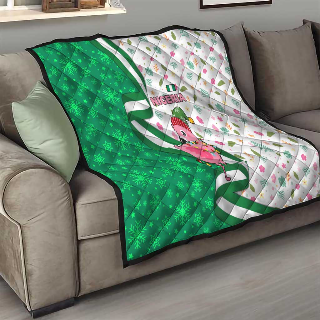 Nigeria Christmas Quilt with Pink Flamingo Tropical Leaves and Festive Lights Design - Wonder Print Shop