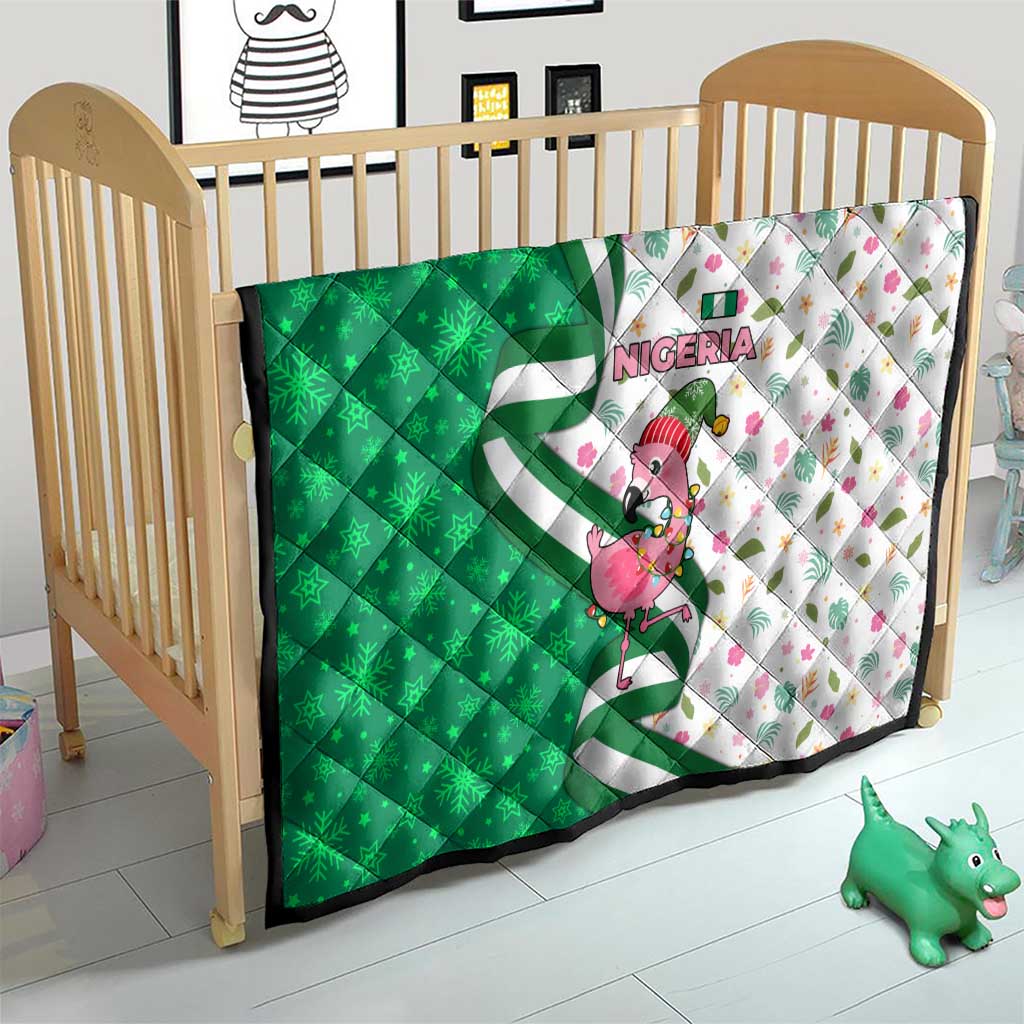Nigeria Christmas Quilt with Pink Flamingo Tropical Leaves and Festive Lights Design - Wonder Print Shop