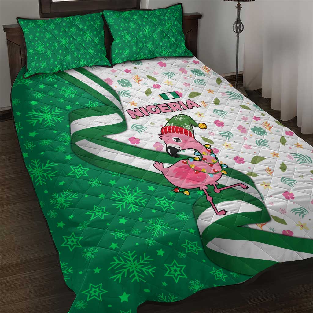 Nigeria Christmas Quilt Bed Set with Pink Flamingo Tropical Leaves and Festive Lights Design - Wonder Print Shop