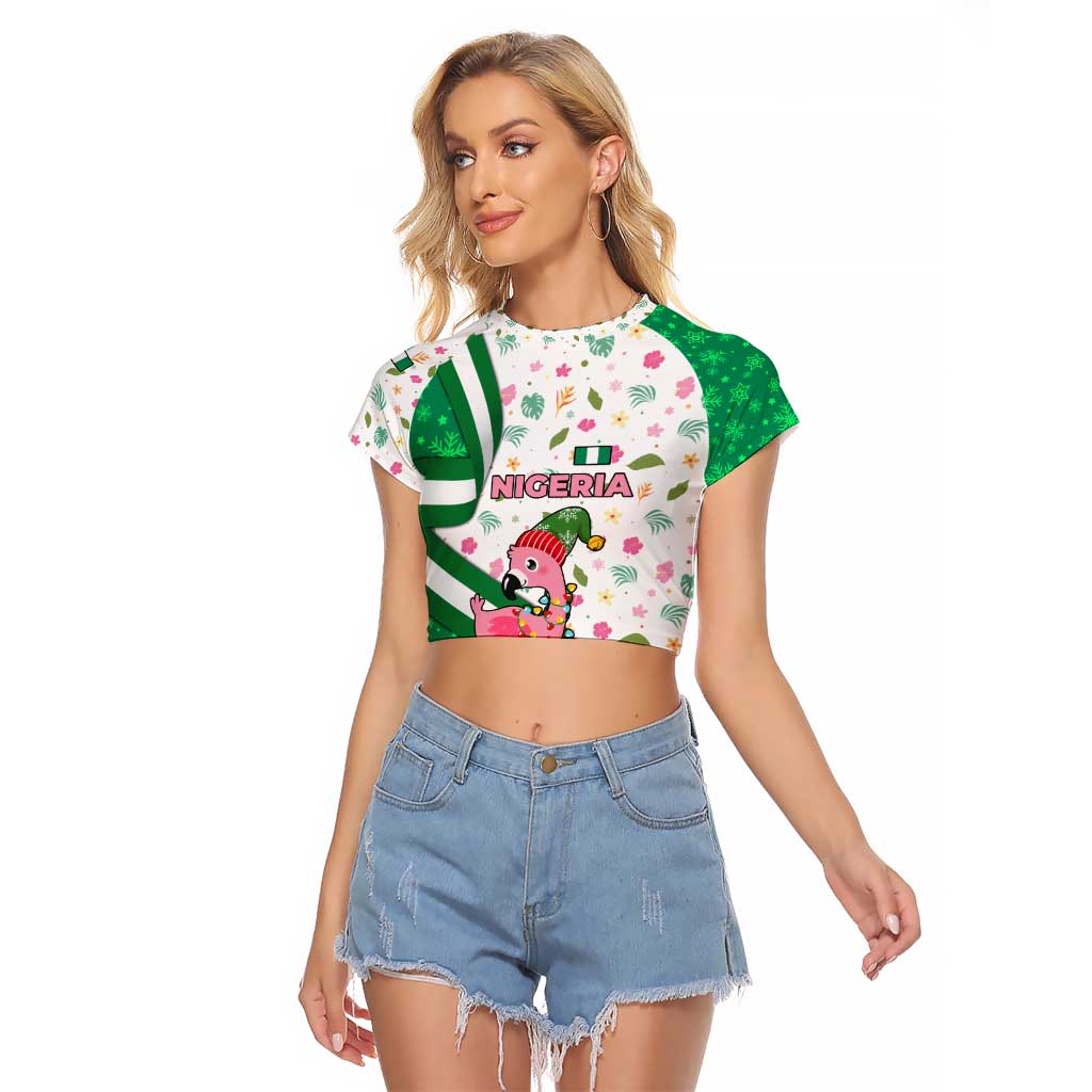 Nigeria Christmas Raglan Cropped T Shirt with Pink Flamingo Tropical Leaves and Festive Lights Design - Wonder Print Shop
