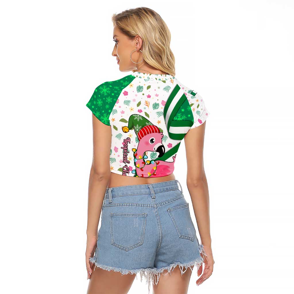 Nigeria Christmas Raglan Cropped T Shirt with Pink Flamingo Tropical Leaves and Festive Lights Design - Wonder Print Shop