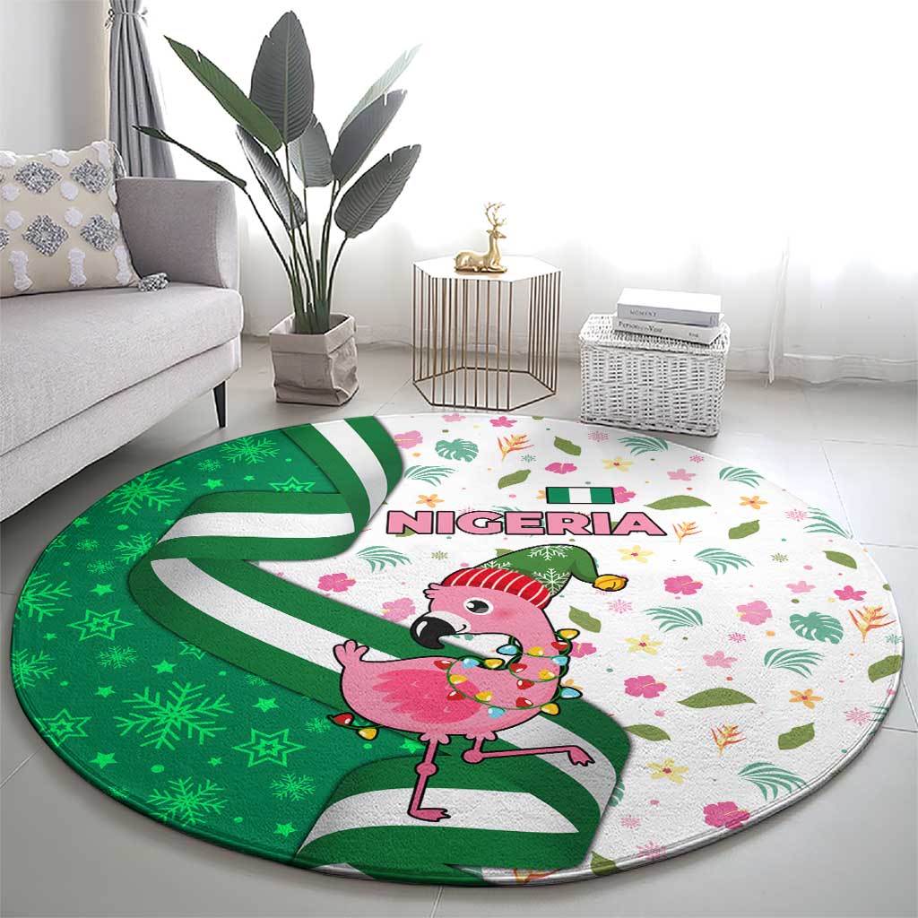 Nigeria Christmas Round Carpet with Pink Flamingo Tropical Leaves and Festive Lights Design - Wonder Print Shop