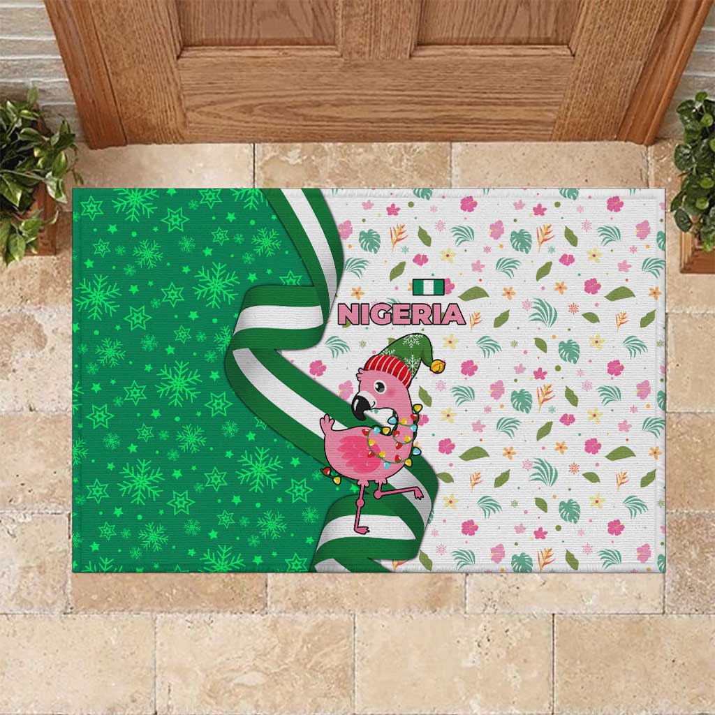 Nigeria Christmas Rubber Doormat with Pink Flamingo Tropical Leaves and Festive Lights Design - Wonder Print Shop