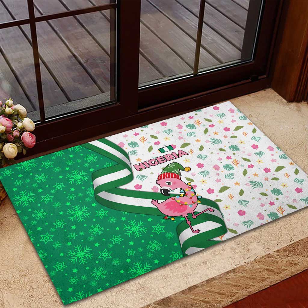 Nigeria Christmas Rubber Doormat with Pink Flamingo Tropical Leaves and Festive Lights Design - Wonder Print Shop