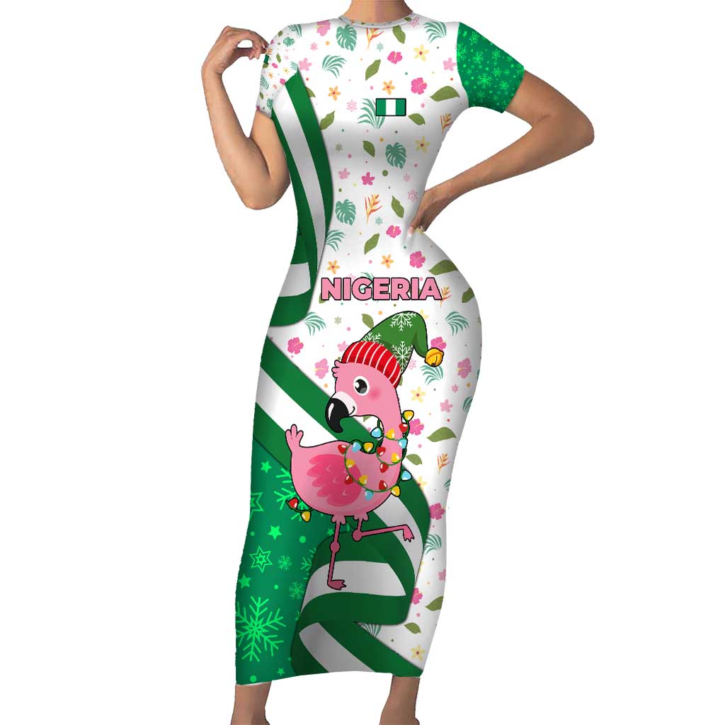 Nigeria Christmas Short Sleeve Bodycon Dress with Pink Flamingo Tropical Leaves and Festive Lights Design - Wonder Print Shop