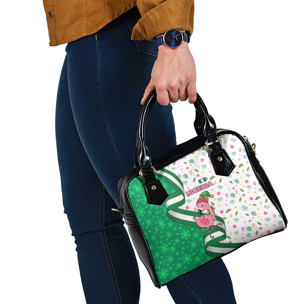 Nigeria Christmas Shoulder Handbag with Pink Flamingo Tropical Leaves and Festive Lights Design - Wonder Print Shop