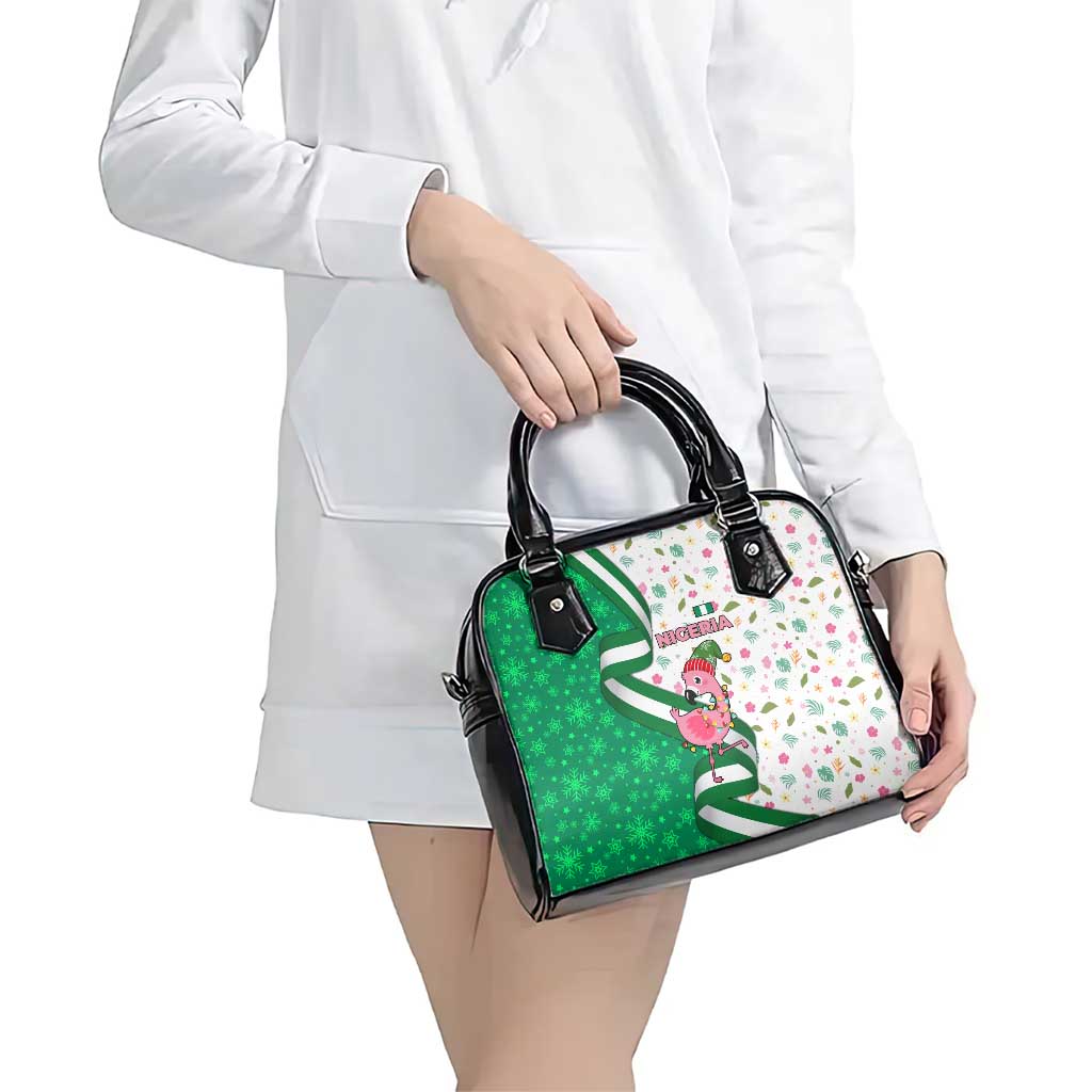 Nigeria Christmas Shoulder Handbag with Pink Flamingo Tropical Leaves and Festive Lights Design - Wonder Print Shop