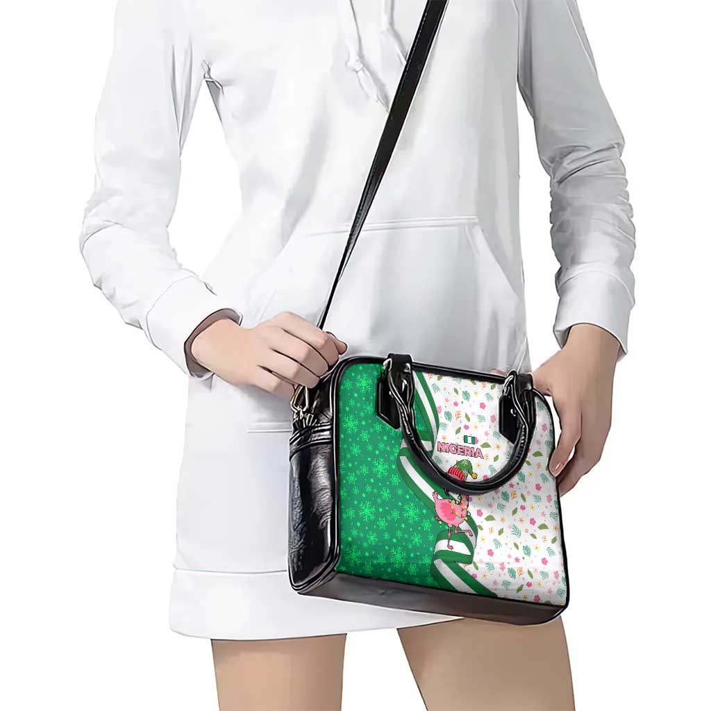 Nigeria Christmas Shoulder Handbag with Pink Flamingo Tropical Leaves and Festive Lights Design - Wonder Print Shop