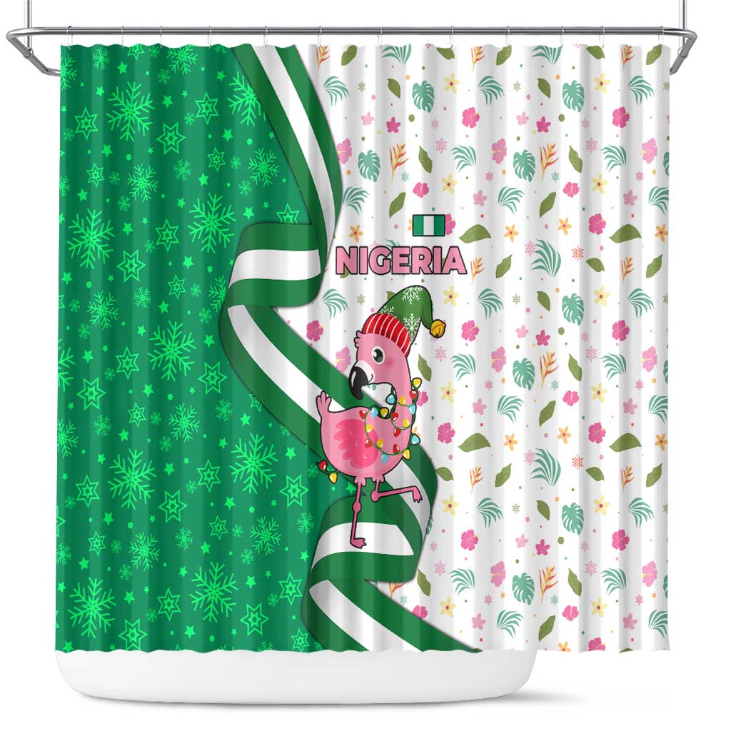 Nigeria Christmas Shower Curtain with Pink Flamingo Tropical Leaves and Festive Lights Design - Wonder Print Shop