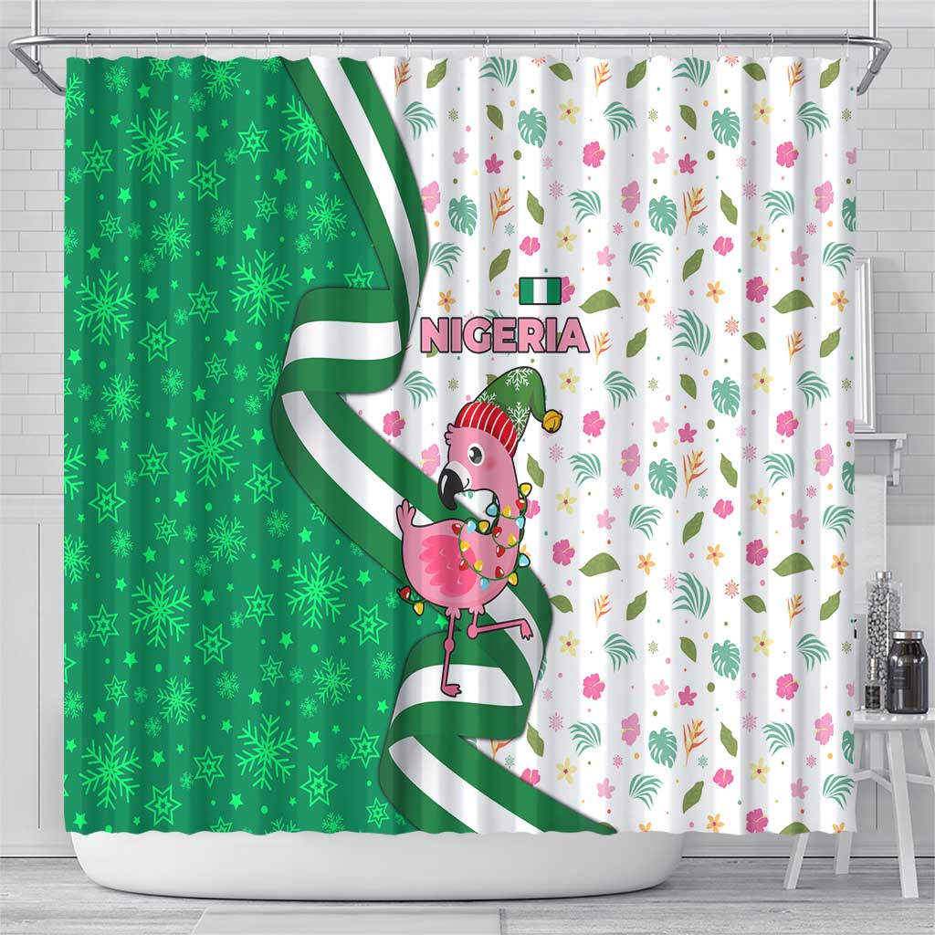 Nigeria Christmas Shower Curtain with Pink Flamingo Tropical Leaves and Festive Lights Design - Wonder Print Shop