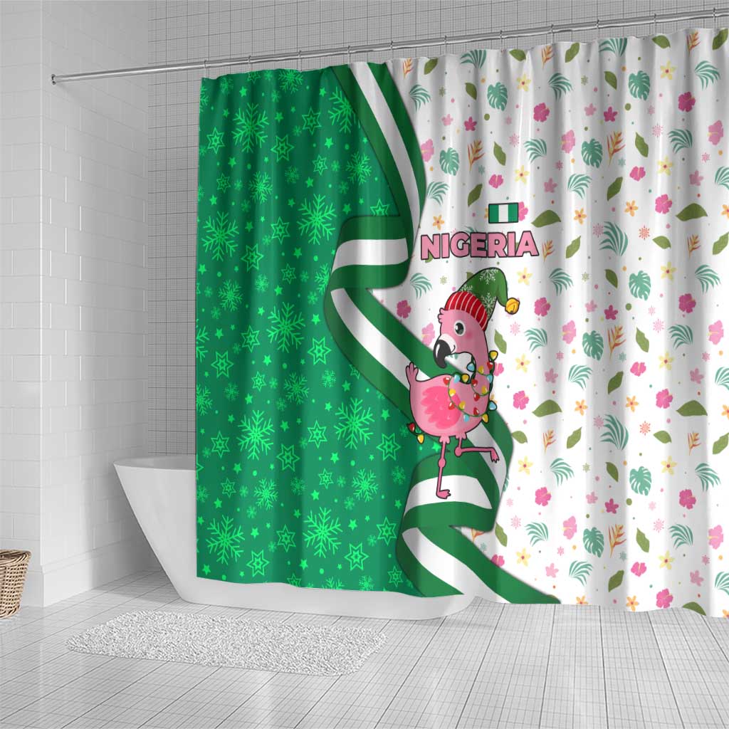 Nigeria Christmas Shower Curtain with Pink Flamingo Tropical Leaves and Festive Lights Design - Wonder Print Shop