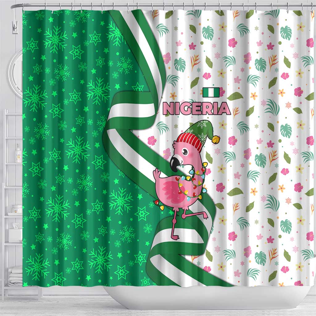 Nigeria Christmas Shower Curtain with Pink Flamingo Tropical Leaves and Festive Lights Design - Wonder Print Shop