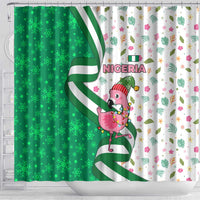 Nigeria Christmas Shower Curtain with Pink Flamingo Tropical Leaves and Festive Lights Design - Wonder Print Shop