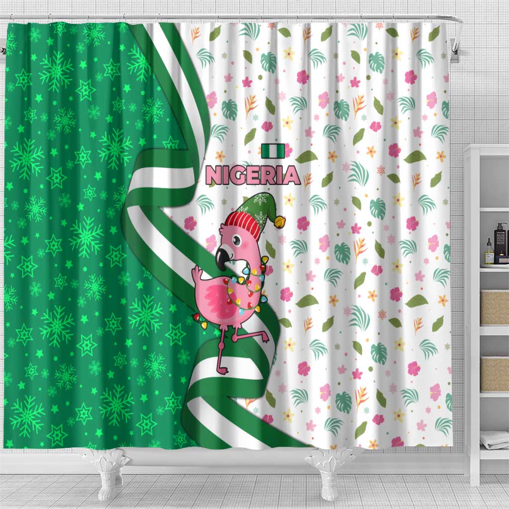 Nigeria Christmas Shower Curtain with Pink Flamingo Tropical Leaves and Festive Lights Design - Wonder Print Shop