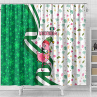 Nigeria Christmas Shower Curtain with Pink Flamingo Tropical Leaves and Festive Lights Design - Wonder Print Shop
