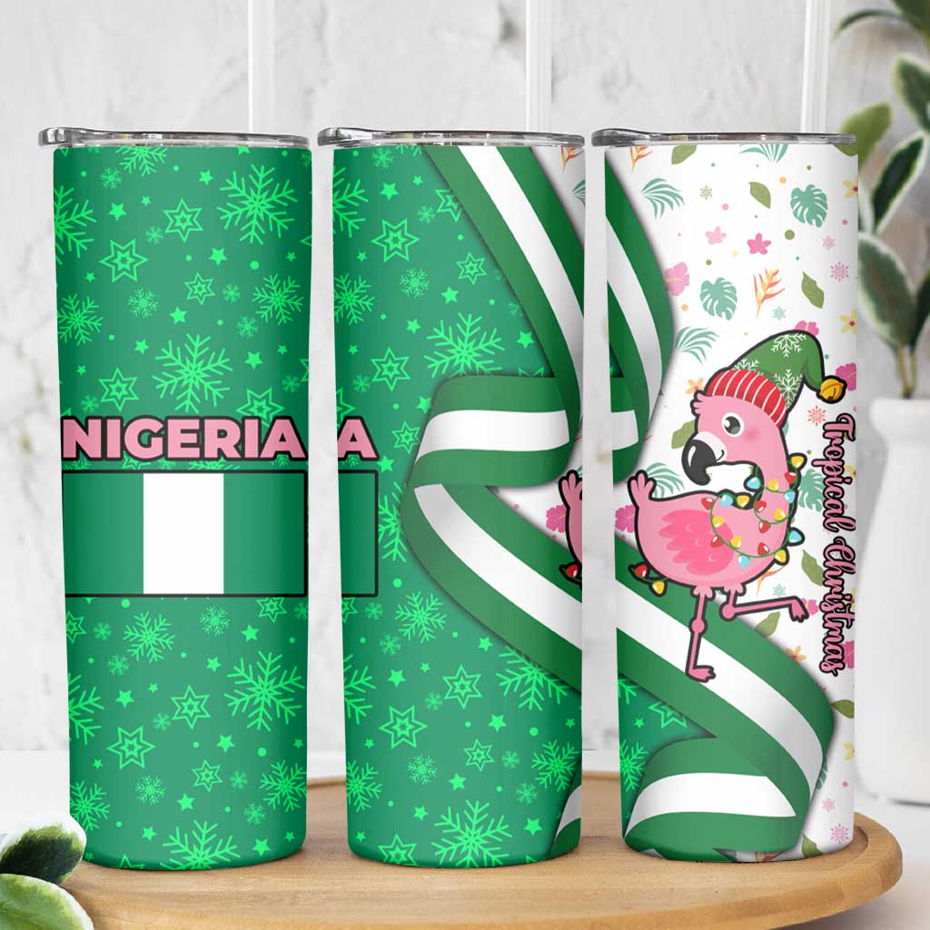 Nigeria Christmas Skinny Tumbler with Pink Flamingo Tropical Leaves and Festive Lights Design - Wonder Print Shop