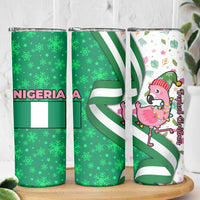 Nigeria Christmas Skinny Tumbler with Pink Flamingo Tropical Leaves and Festive Lights Design - Wonder Print Shop