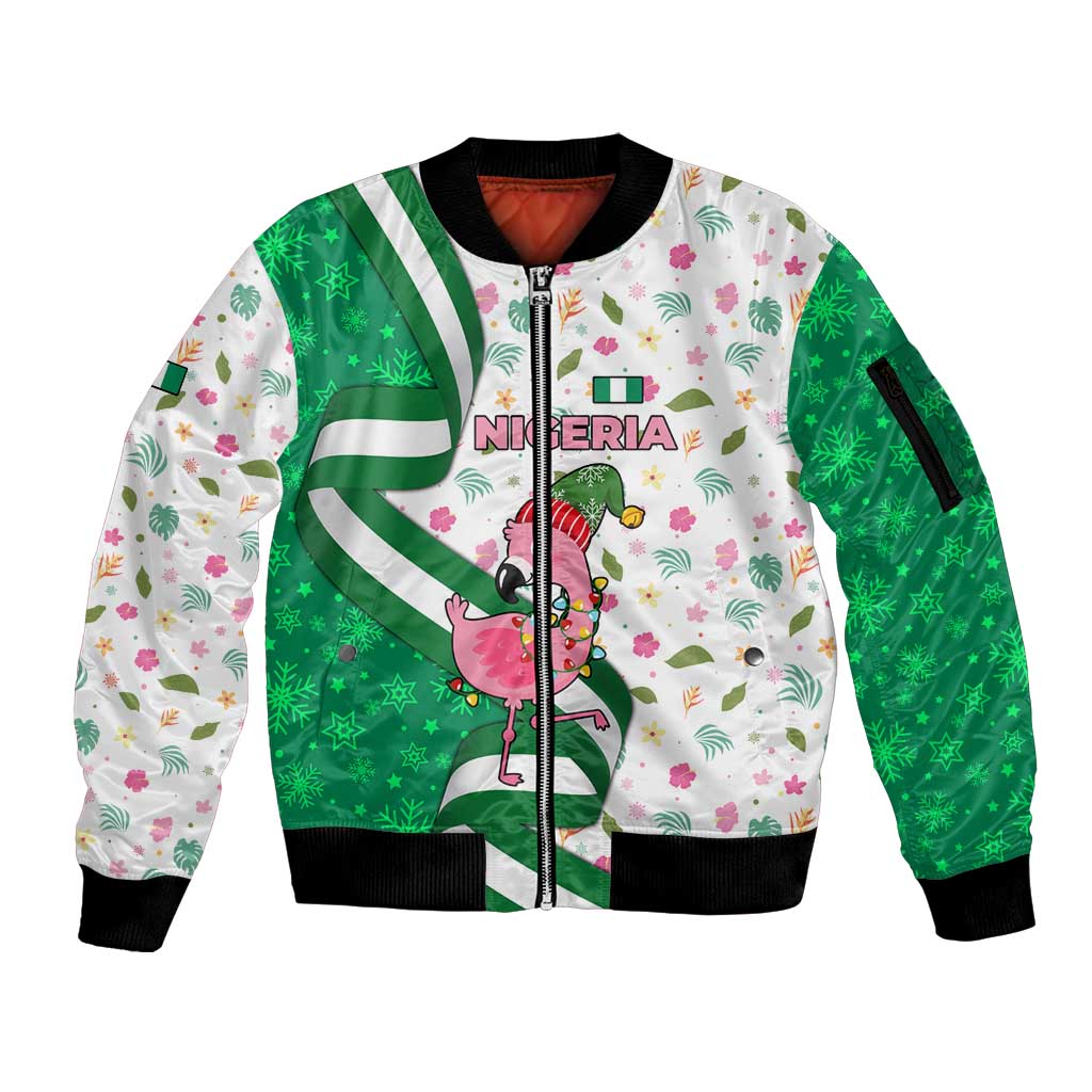 Nigeria Christmas Sleeve Zip Bomber Jacket with Pink Flamingo Tropical Leaves and Festive Lights Design - Wonder Print Shop