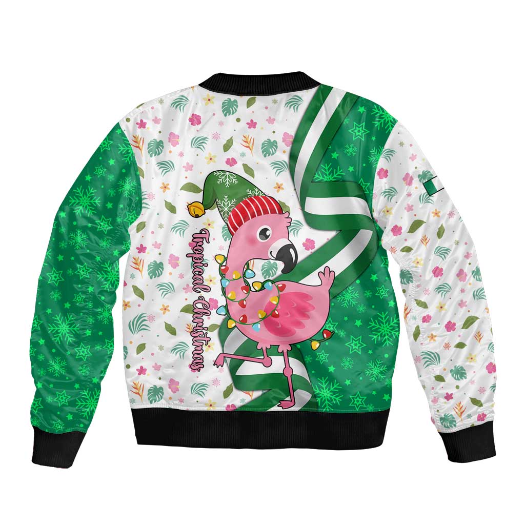 Nigeria Christmas Sleeve Zip Bomber Jacket with Pink Flamingo Tropical Leaves and Festive Lights Design - Wonder Print Shop