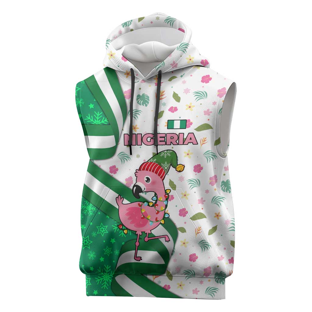 Nigeria Christmas Sleeveless Hoodie with Pink Flamingo Tropical Leaves and Festive Lights Design - Wonder Print Shop