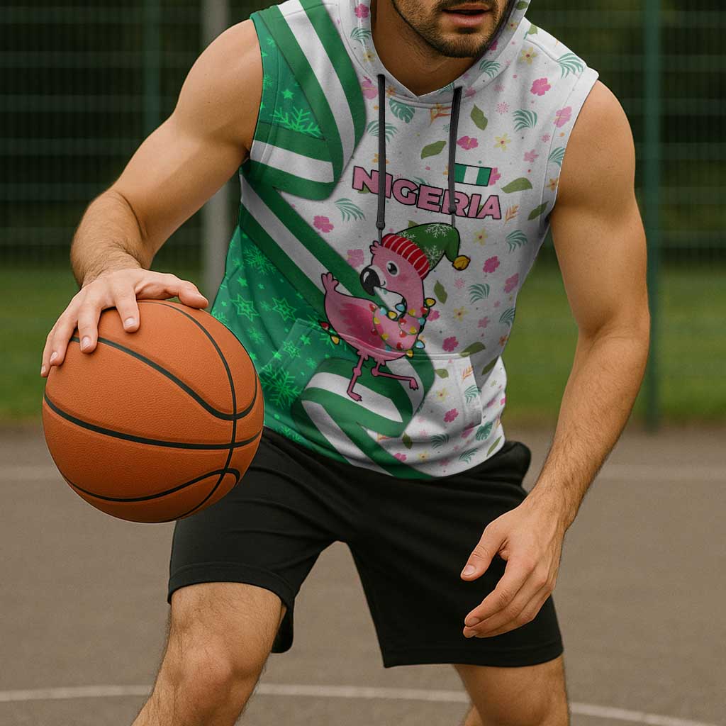 Nigeria Christmas Sleeveless Hoodie with Pink Flamingo Tropical Leaves and Festive Lights Design - Wonder Print Shop