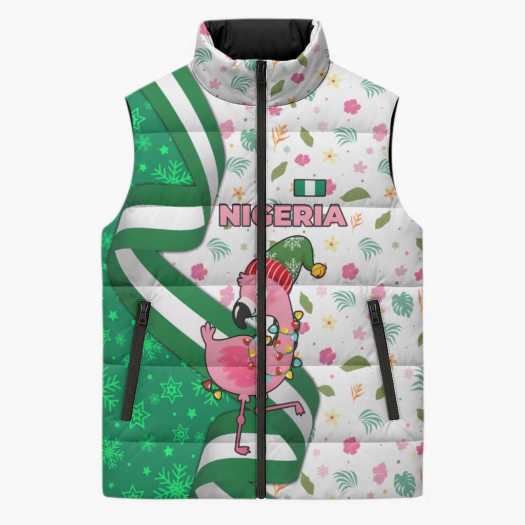 Nigeria Christmas Sleeveless Puffer Jacket with Pink Flamingo Tropical Leaves and Festive Lights Design - Wonder Print Shop