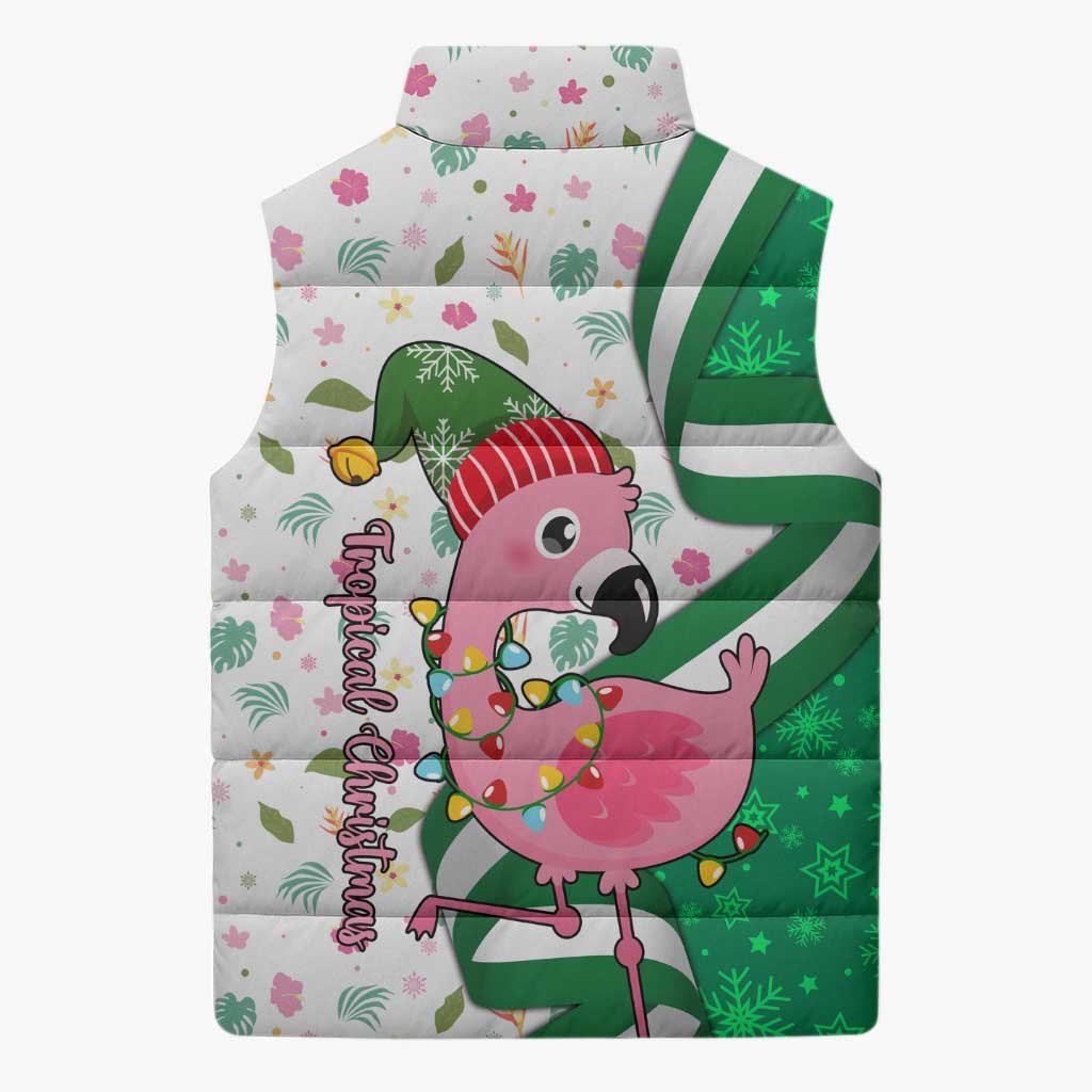 Nigeria Christmas Sleeveless Puffer Jacket with Pink Flamingo Tropical Leaves and Festive Lights Design - Wonder Print Shop