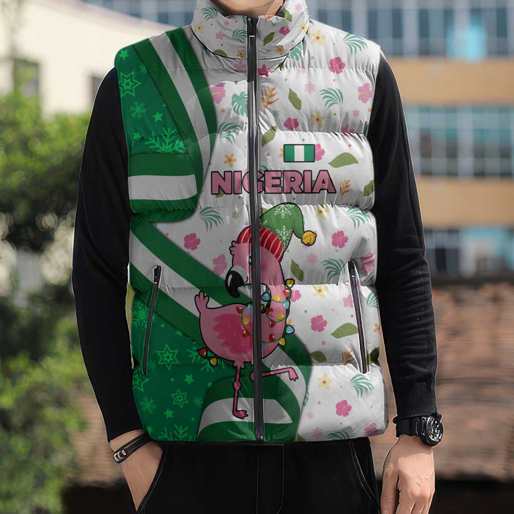 Nigeria Christmas Sleeveless Puffer Jacket with Pink Flamingo Tropical Leaves and Festive Lights Design - Wonder Print Shop