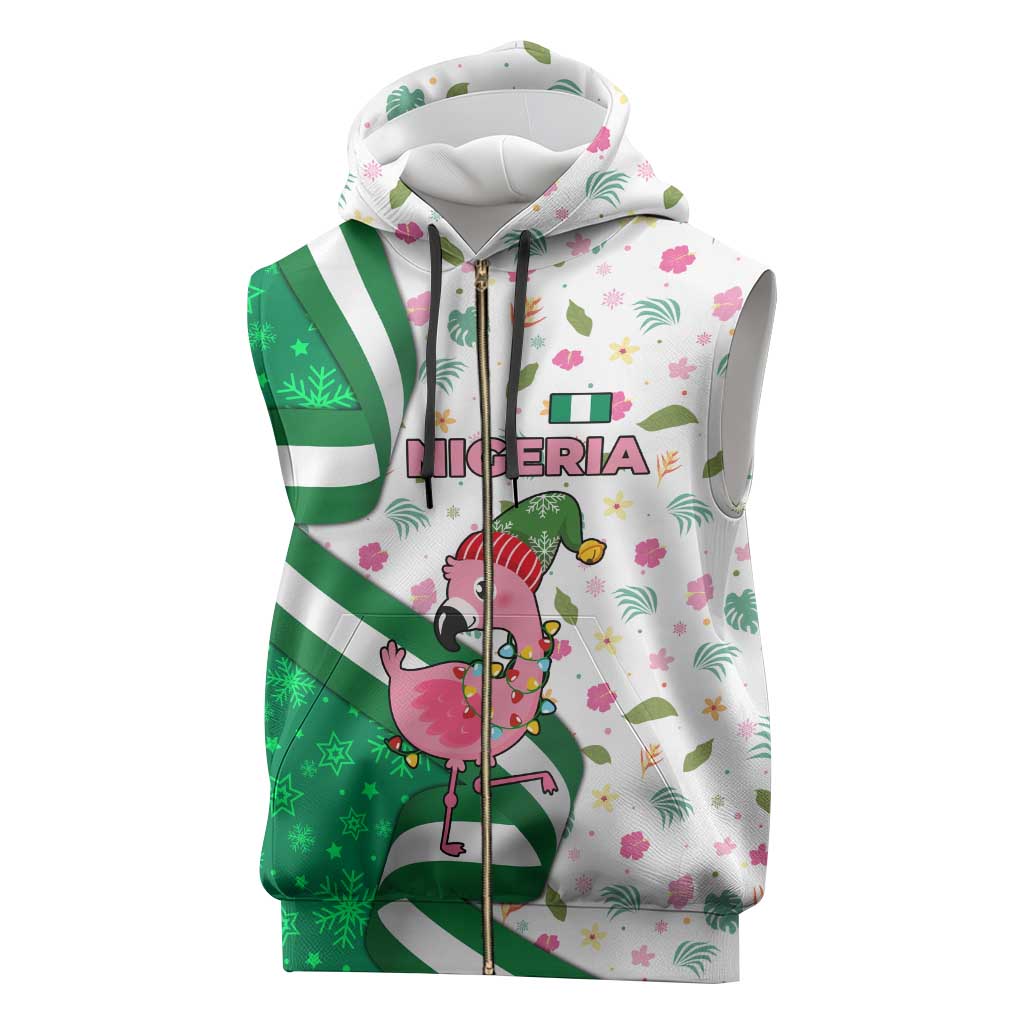 Nigeria Christmas Sleeveless Zip Hoodie with Pink Flamingo Tropical Leaves and Festive Lights Design - Wonder Print Shop