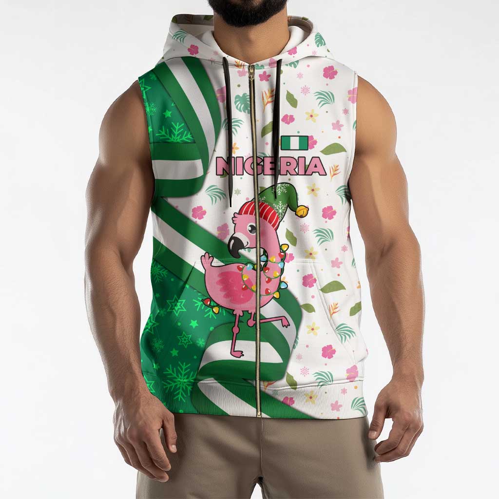 Nigeria Christmas Sleeveless Zip Hoodie with Pink Flamingo Tropical Leaves and Festive Lights Design - Wonder Print Shop