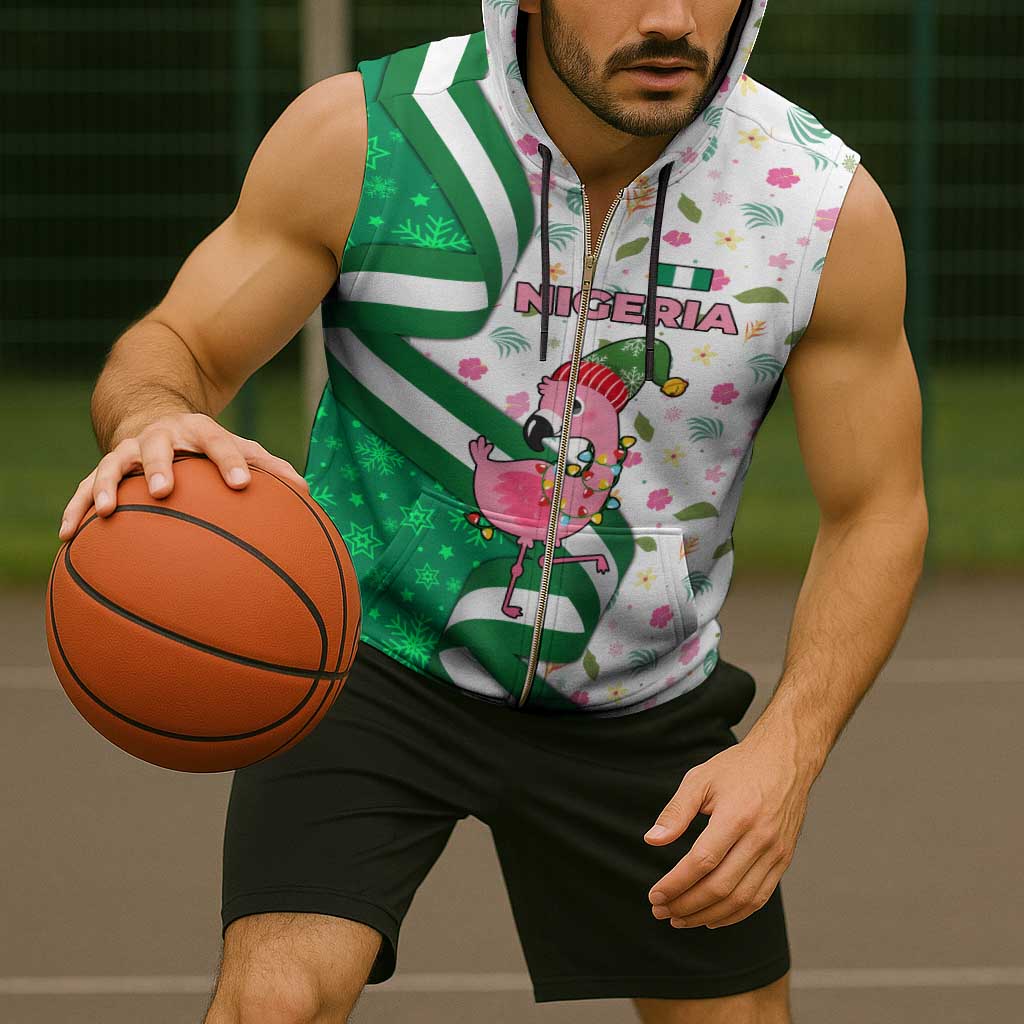Nigeria Christmas Sleeveless Zip Hoodie with Pink Flamingo Tropical Leaves and Festive Lights Design - Wonder Print Shop