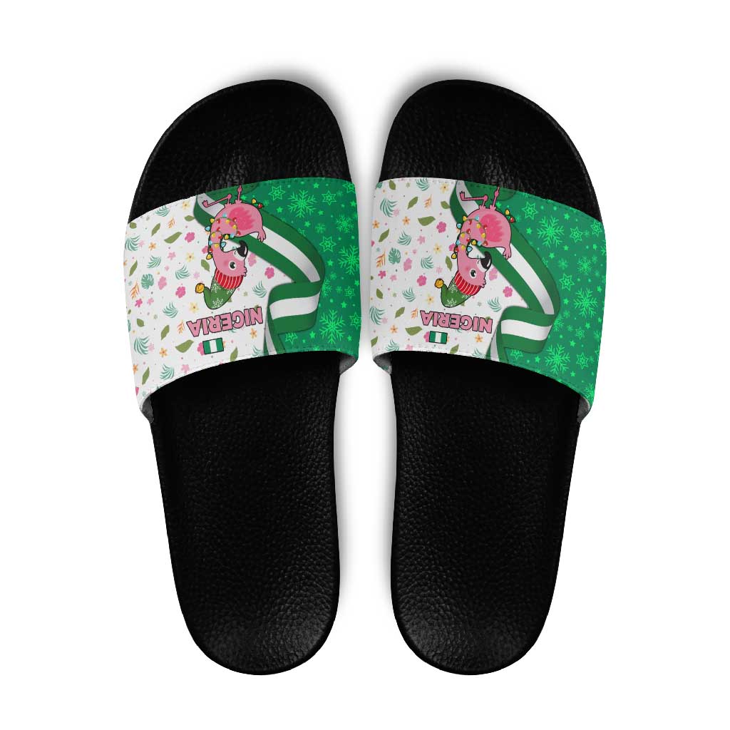 Nigeria Christmas Slide Sandals with Pink Flamingo Tropical Leaves and Festive Lights Design - Wonder Print Shop