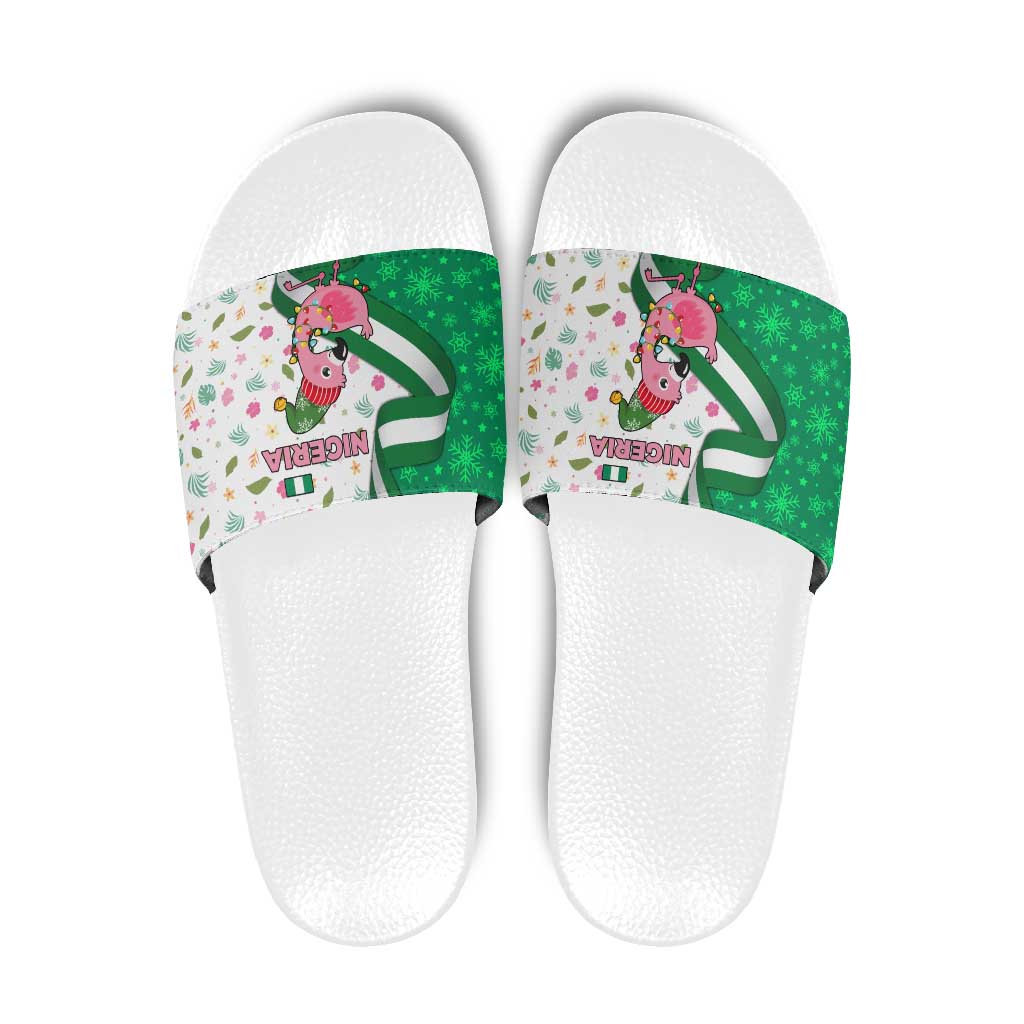 Nigeria Christmas Slide Sandals with Pink Flamingo Tropical Leaves and Festive Lights Design - Wonder Print Shop