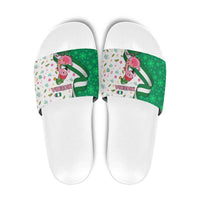 Nigeria Christmas Slide Sandals with Pink Flamingo Tropical Leaves and Festive Lights Design - Wonder Print Shop