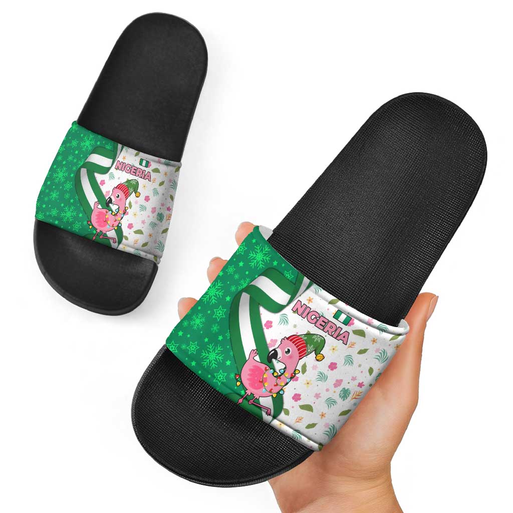 Nigeria Christmas Slide Sandals with Pink Flamingo Tropical Leaves and Festive Lights Design - Wonder Print Shop
