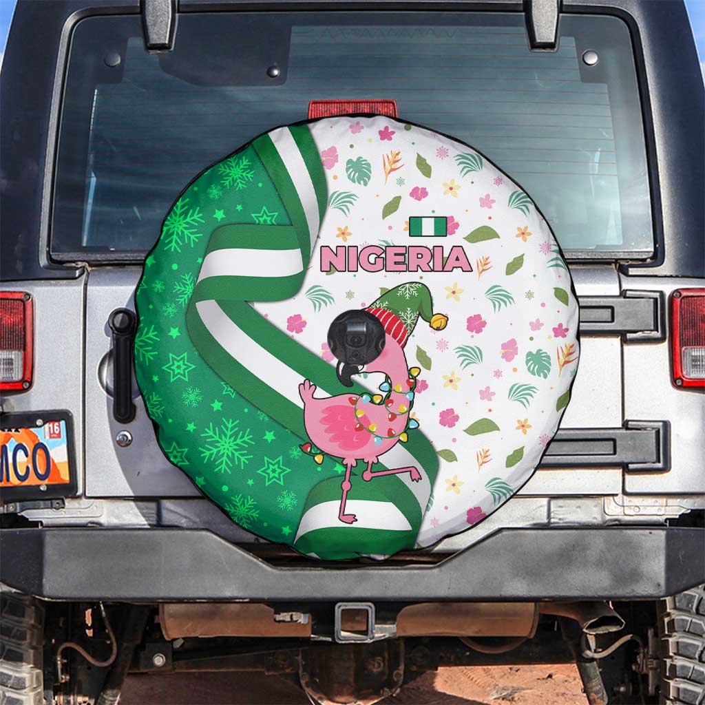 Nigeria Christmas Spare Tire Cover with Pink Flamingo Tropical Leaves and Festive Lights Design - Wonder Print Shop
