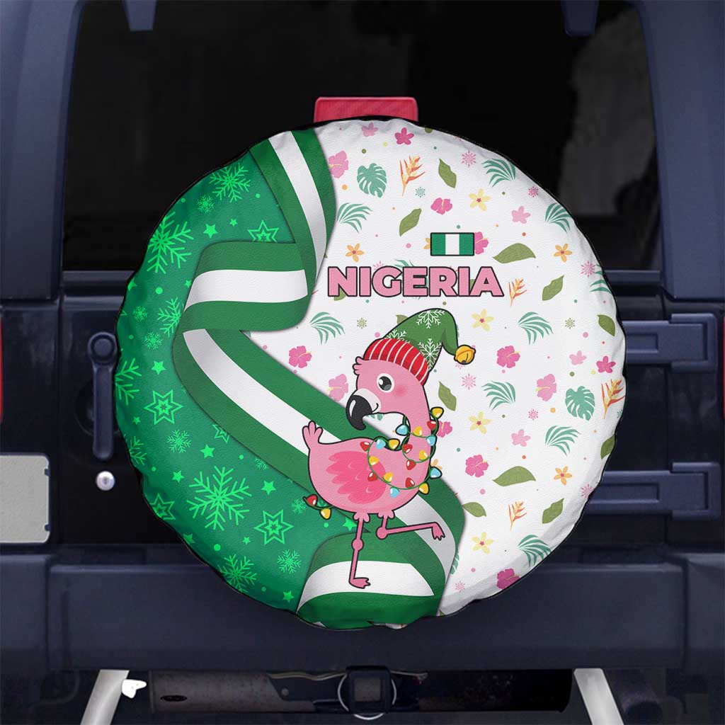 Nigeria Christmas Spare Tire Cover with Pink Flamingo Tropical Leaves and Festive Lights Design - Wonder Print Shop