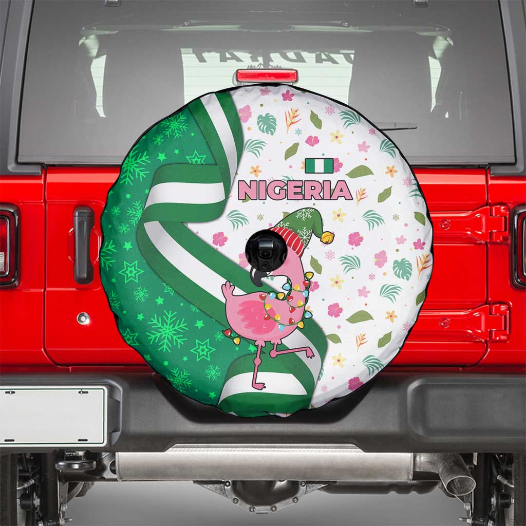 Nigeria Christmas Spare Tire Cover with Pink Flamingo Tropical Leaves and Festive Lights Design - Wonder Print Shop