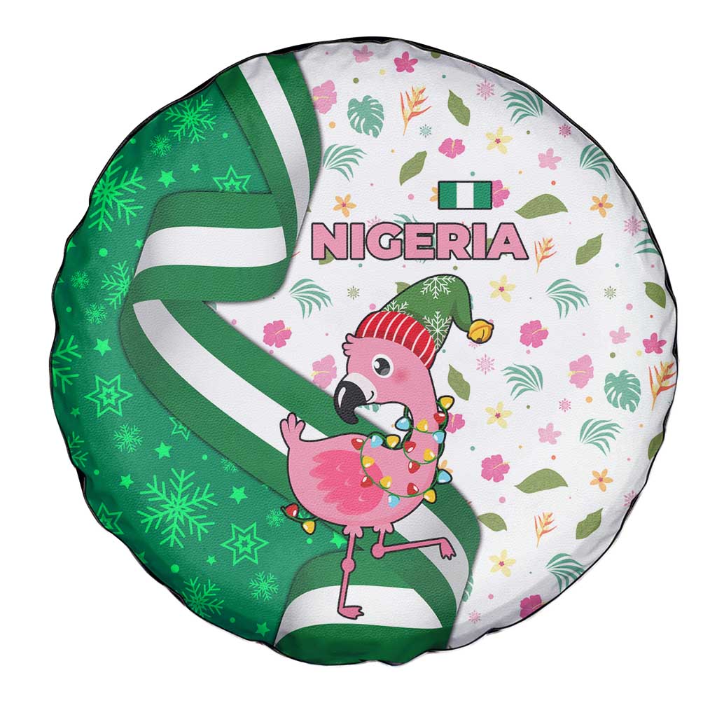 Nigeria Christmas Spare Tire Cover with Pink Flamingo Tropical Leaves and Festive Lights Design - Wonder Print Shop